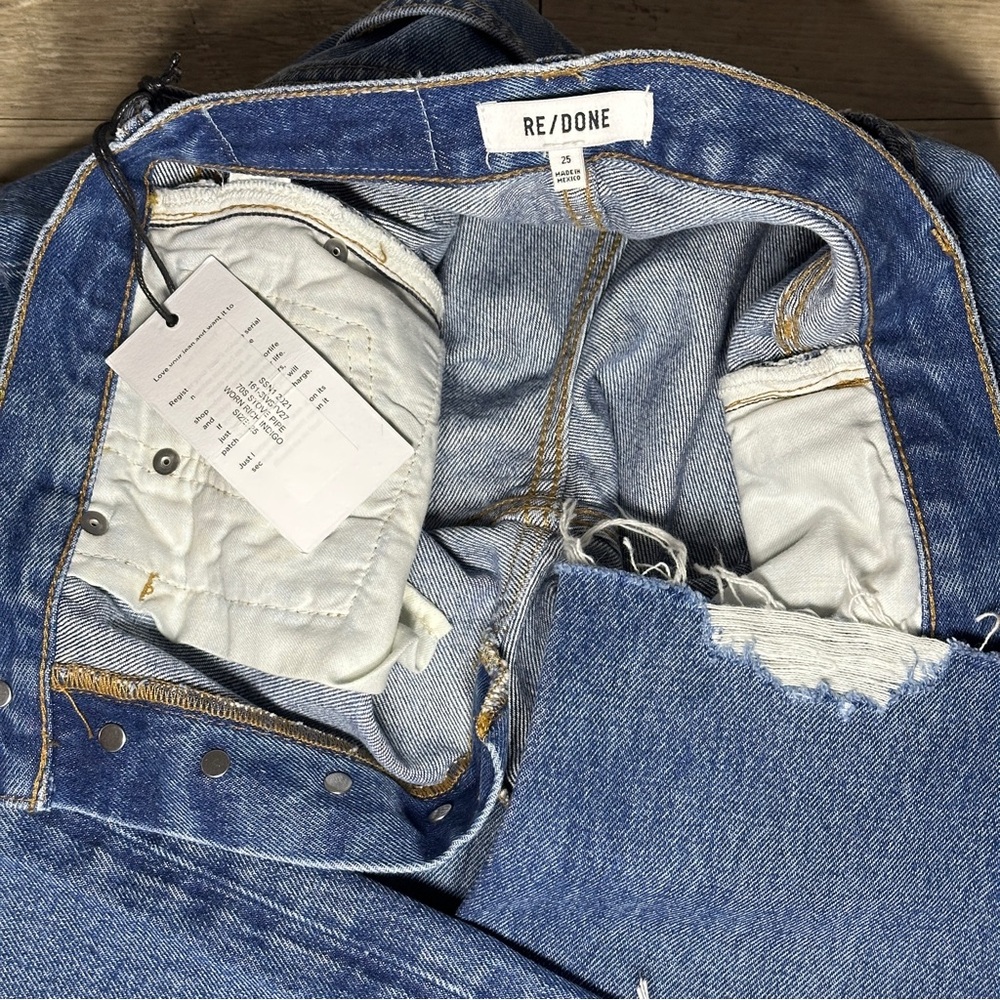 $265 NWT RE/DONE 70s Stove Pipe High Rise Button Fly Knee Rip Jeans Size 25 - Picture 14 of 15